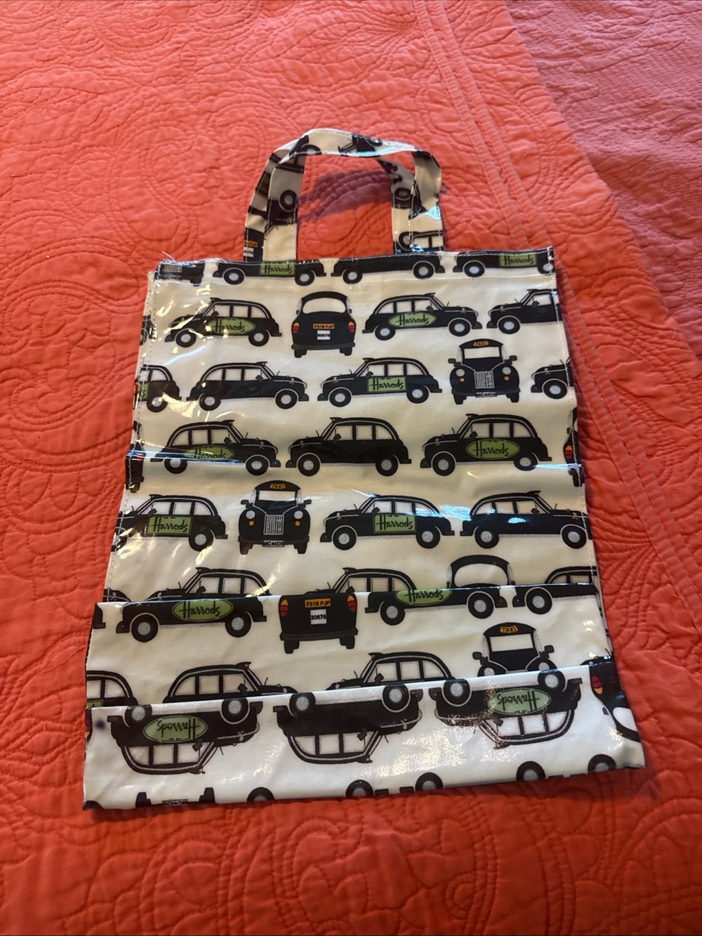 Harrods Cream PVC Shopping Tote Bag Reusable Black/Green Taxi Motif 10 In VTG